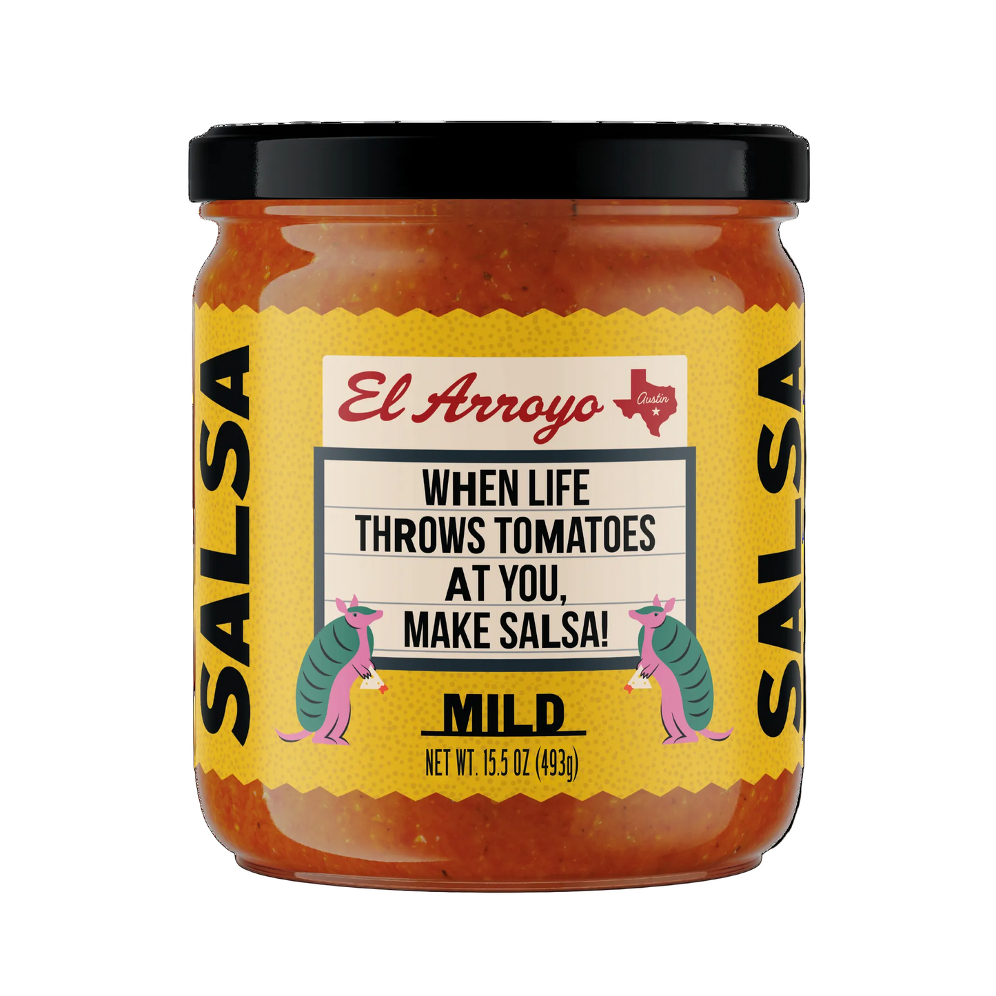 Jar of El Arroyo salsa with a humorous label on a white background