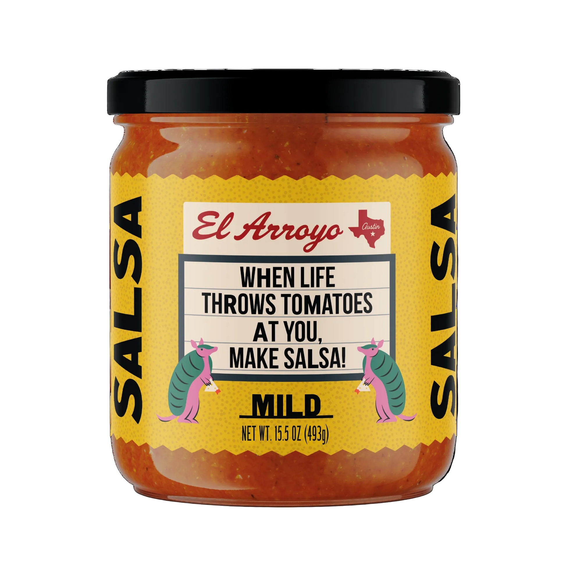Jar of El Arroyo salsa with a humorous label on a white background