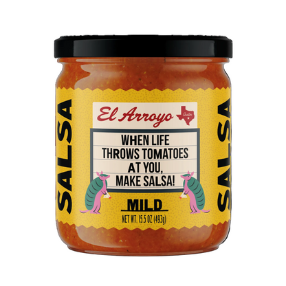 Jar of El Arroyo salsa with a humorous label on a white background