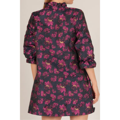 BYC - Floral Jacquard, ¾ Sleeve, Dress w Contrast Collar 0472 - Navy / Fuchsia