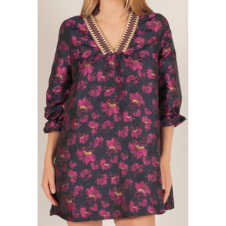BYC - Floral Jacquard, ¾ Sleeve, Dress w Contrast Collar 0472 - Navy / Fuchsia - SALE