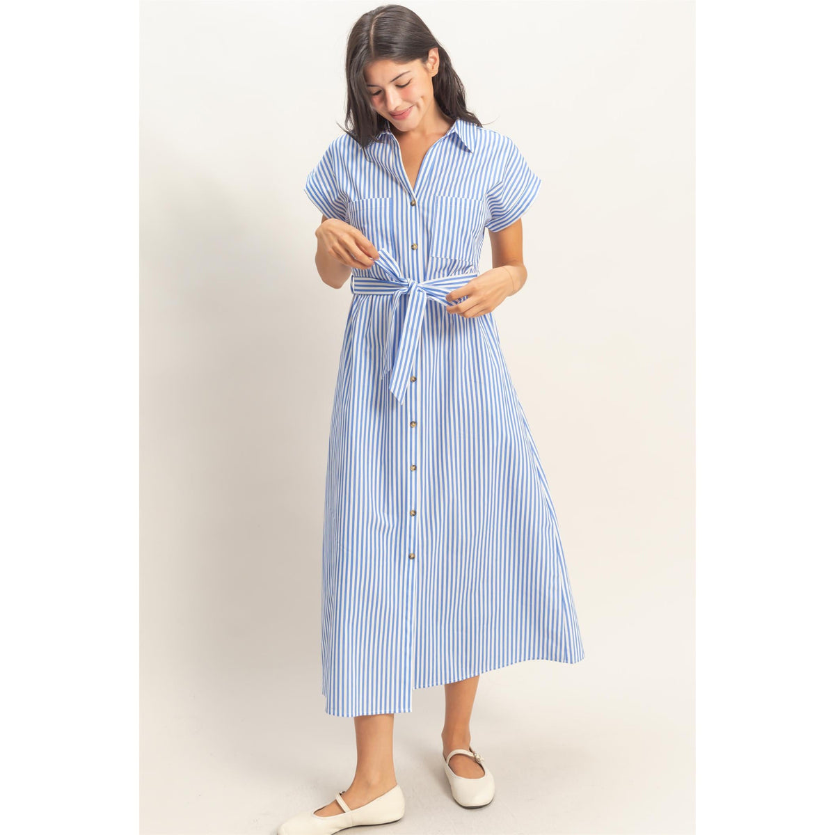 DZ -  Striped, Poplin, Belted, Shirt Dress w Pockets 129 - Blue