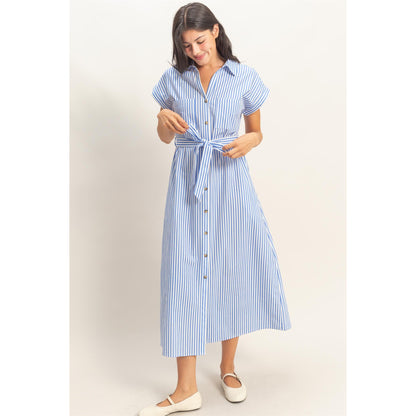 DZ -  Striped, Poplin, Belted, Shirt Dress w Pockets 129 - Blue