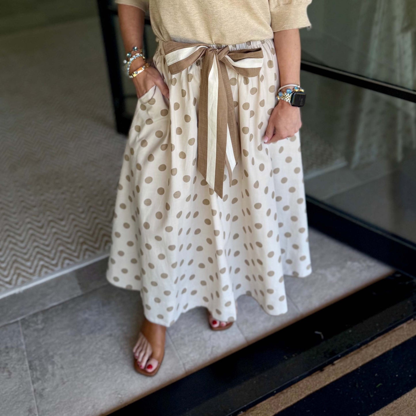 Neutral Polka Dot Linen Tie-Waist Maxi Skirt - 0224