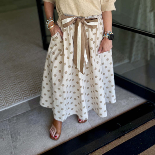 Neutral Polka Dot Linen Tie-Waist Maxi Skirt - 0224