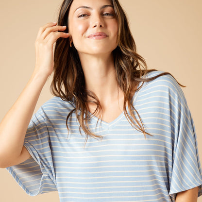 Softies - Sky Blue Striped, Dream Relaxed V-neck with Capri Lounge Set