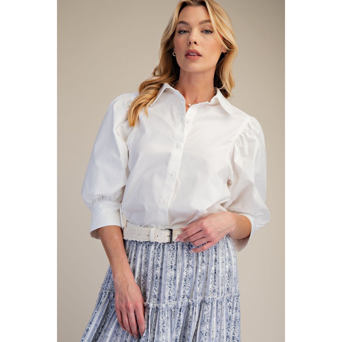 Easel - Short Sleeve, Puff Sleeve Button Down Top 9047 - White