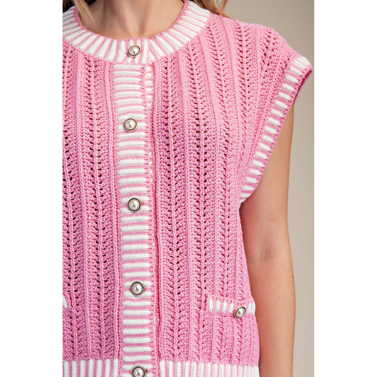 Pink Stripe Sleeveless Button-Down Sweater Vest 9677