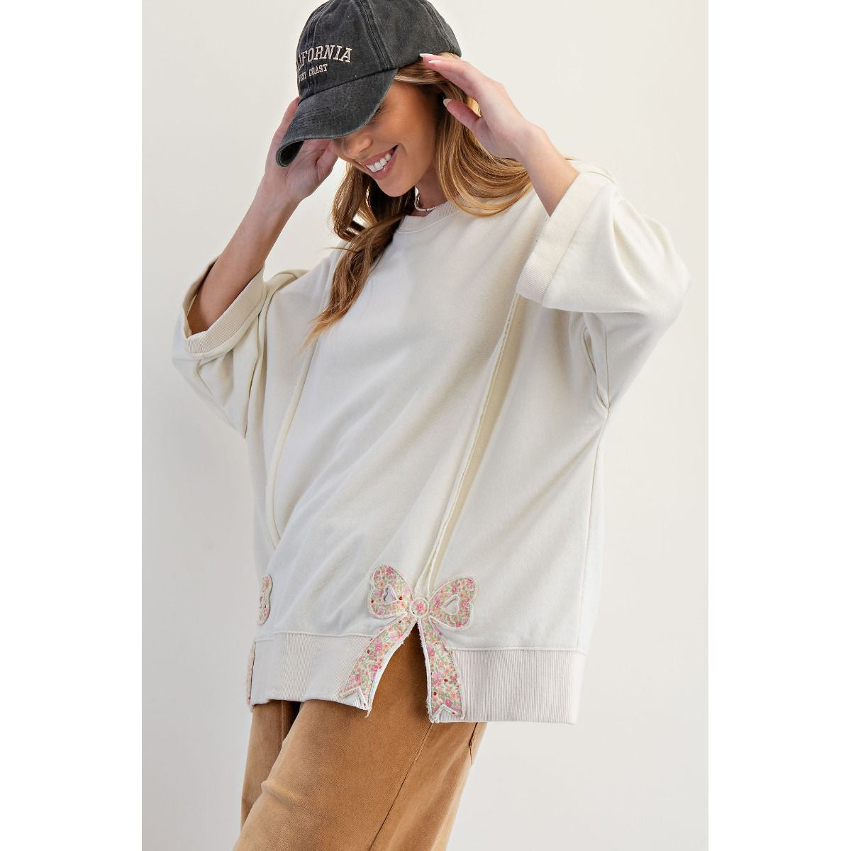 Easel - Bow Patch, Oversized, Washed, Terry Pullover Sweater Top 8101 - Cream