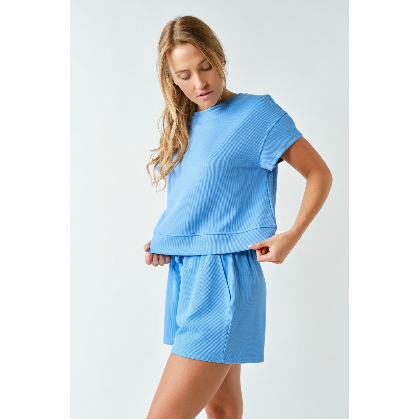 Luxe Sand Wash Rib Classic Tee & Shorts Set 5896 – Blue
