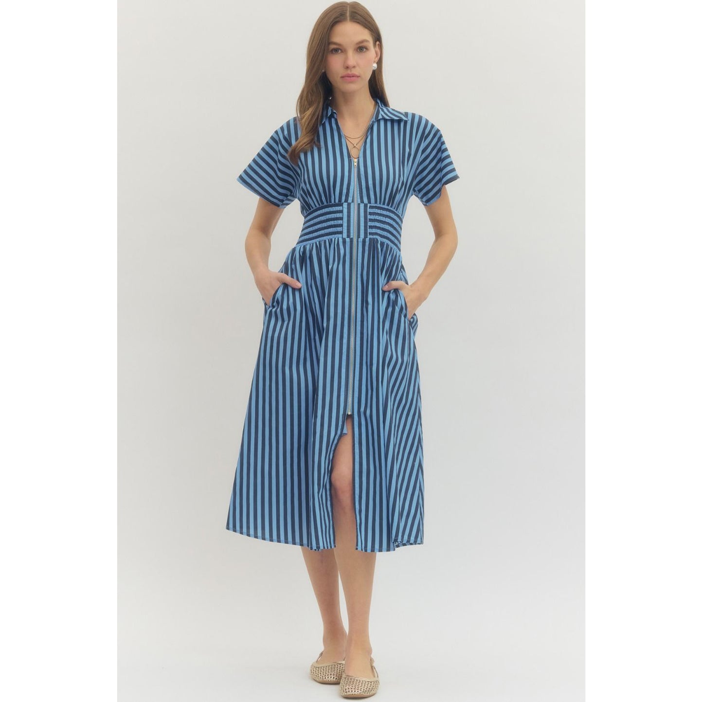 Entro - Striped, Short Sleeve, Midi Dress w Smocked Waist Detail 0282 - Navy