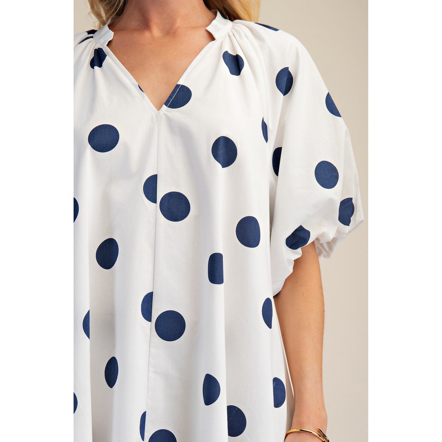Polka Dot V-Neck Mini Dress – Cream & Navy Relaxed Fit Dress 8846