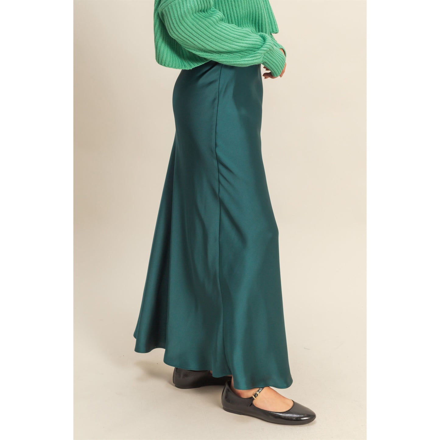 DZ - Elastic Waist, Satin Maxi Skirt 160 - Dark Green