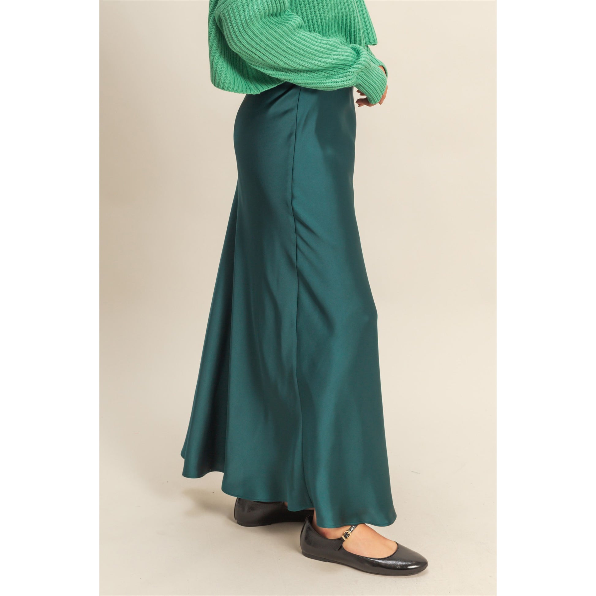 DZ - Elastic Waist, Satin Maxi Skirt 160 - Dark Green