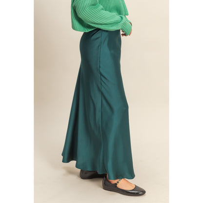 DZ - Elastic Waist, Satin Maxi Skirt 160 - Dark Green