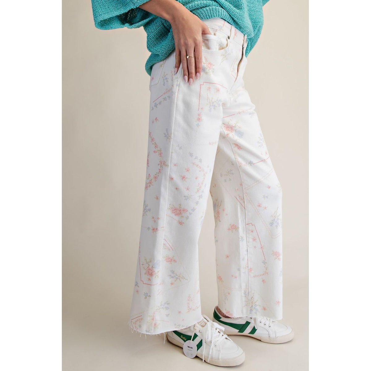 White Cross Stitch Floral Washed Twill Pants 0236