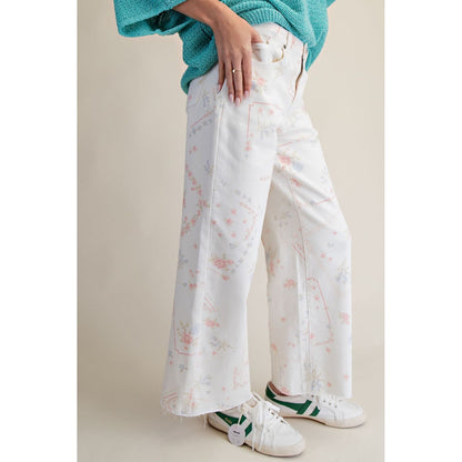 White Cross Stitch Floral Washed Twill Pants 0236