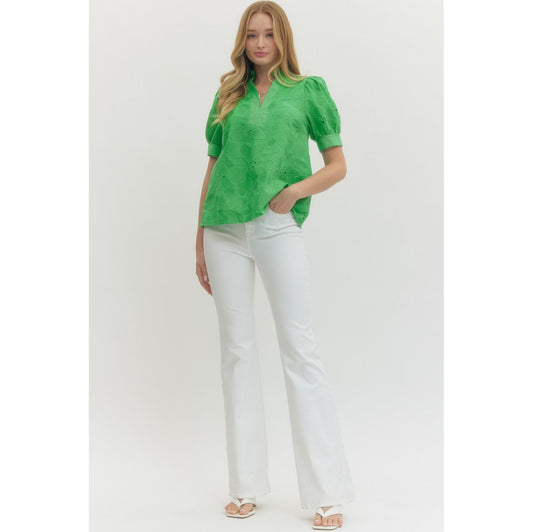 EL - Floral, Embroidered, Short Puff Sleeve Top 6825 - Green