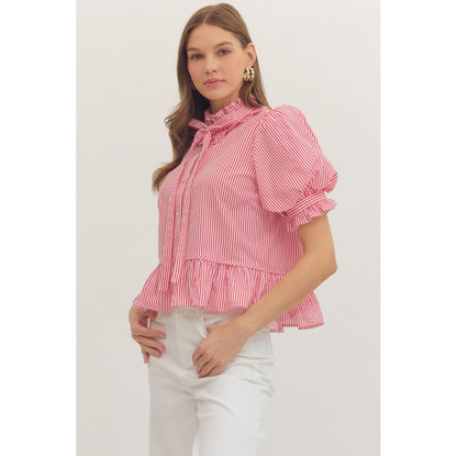 Red Stripe Ruffle Neck Puff Sleeve Top 1590