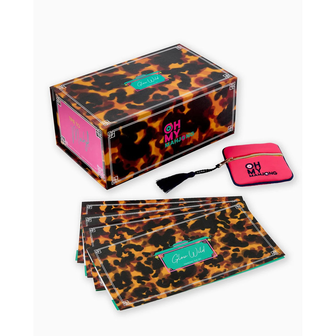 Leopard print product set with 'Oh My' packaging on a white background