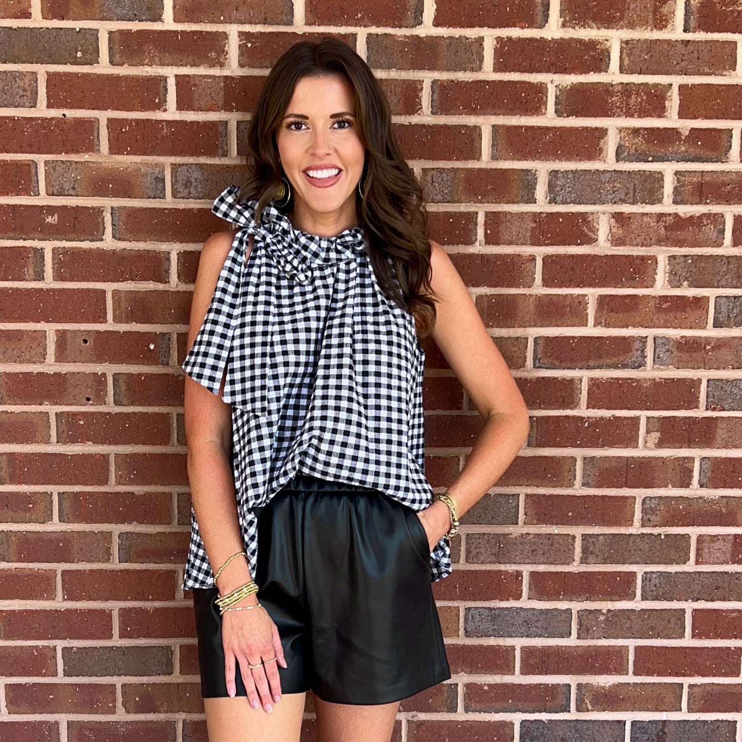 Adrienne - Ruffle, Tie Neck, Sleeveless Top, Bridget - Black Seer Gingham