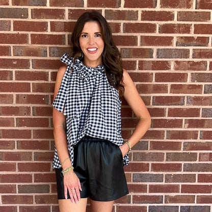 Adrienne - Ruffle, Tie Neck, Sleeveless Top, Bridget - Black Seer Gingham