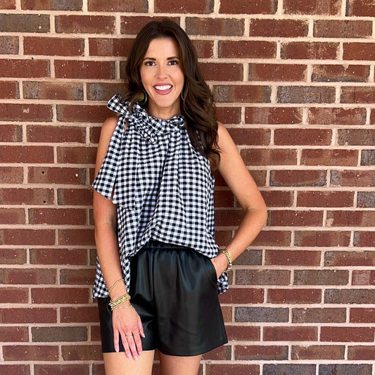Adrienne - Ruffle, Tie Neck, Sleeveless Top, Bridget - Black Seer Gingham