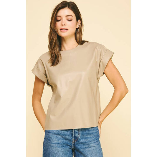 Pinch -  Faux Leather, Cap Sleeve Top 6517 - Taupe