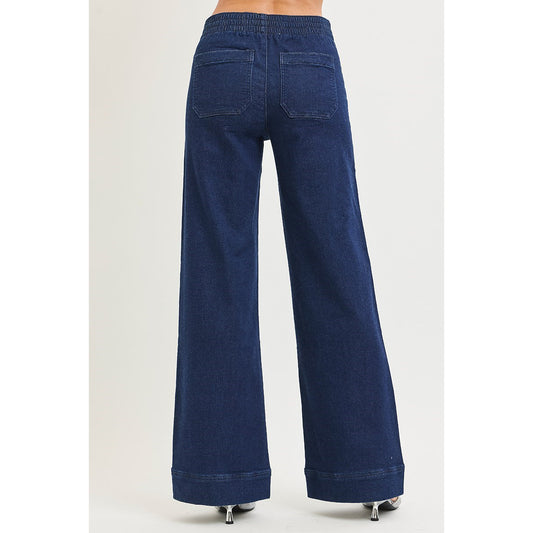 Risen - High Rise, Wide Leg Jeans w Patch Pockets 1345 - Solid Dark -