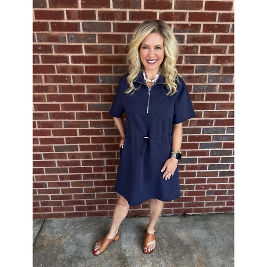 SS - Half Sleeve, Half Zip, Drawstring Waist Scuba Dress w Pockets 7584 - Navy