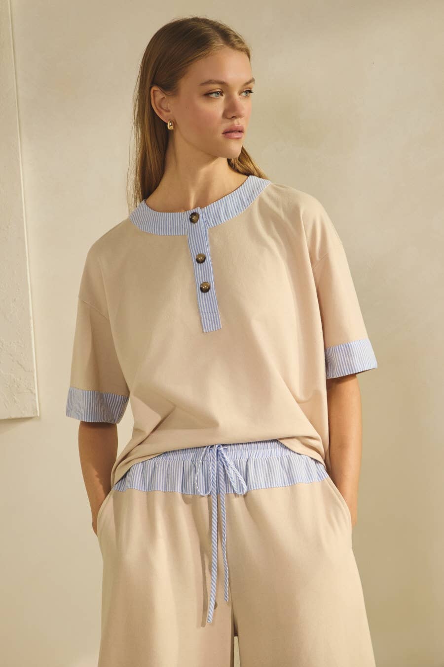 Contrast-trim Henley Top And Pants Set - Ivory