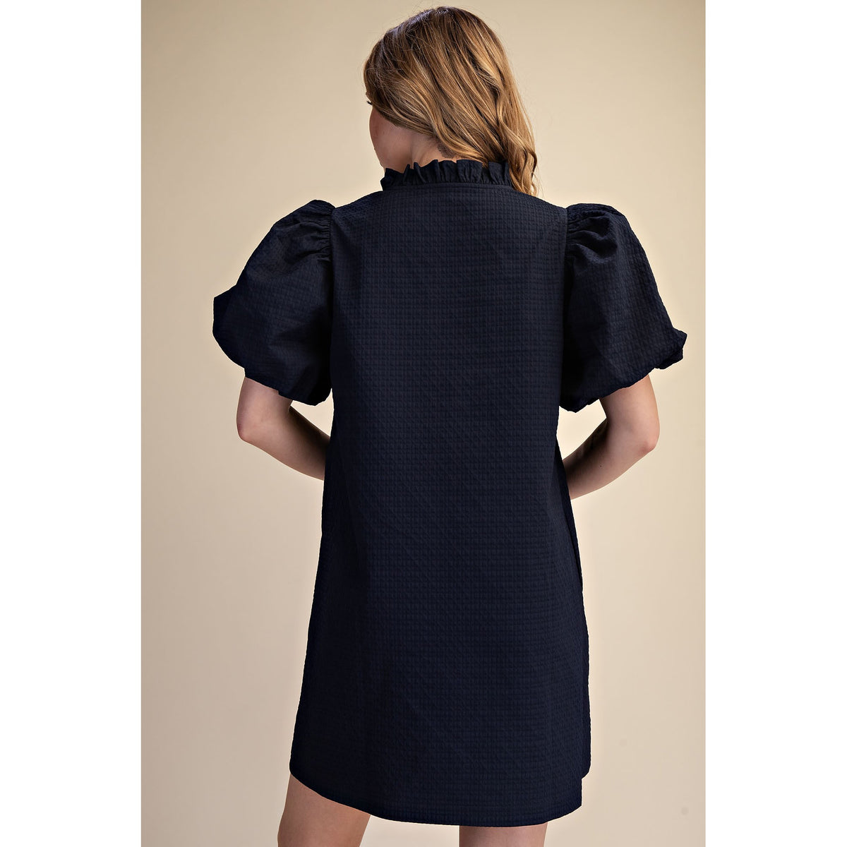 Textured Puff Sleeve Mini Dress – V-Neck Ruffle Dress with Pockets - 8084 - Navy