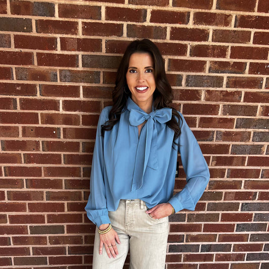 RDI - Rae, Long Sleeve, V-Neck, Collar Tie Top 042 - Smoke Blue.