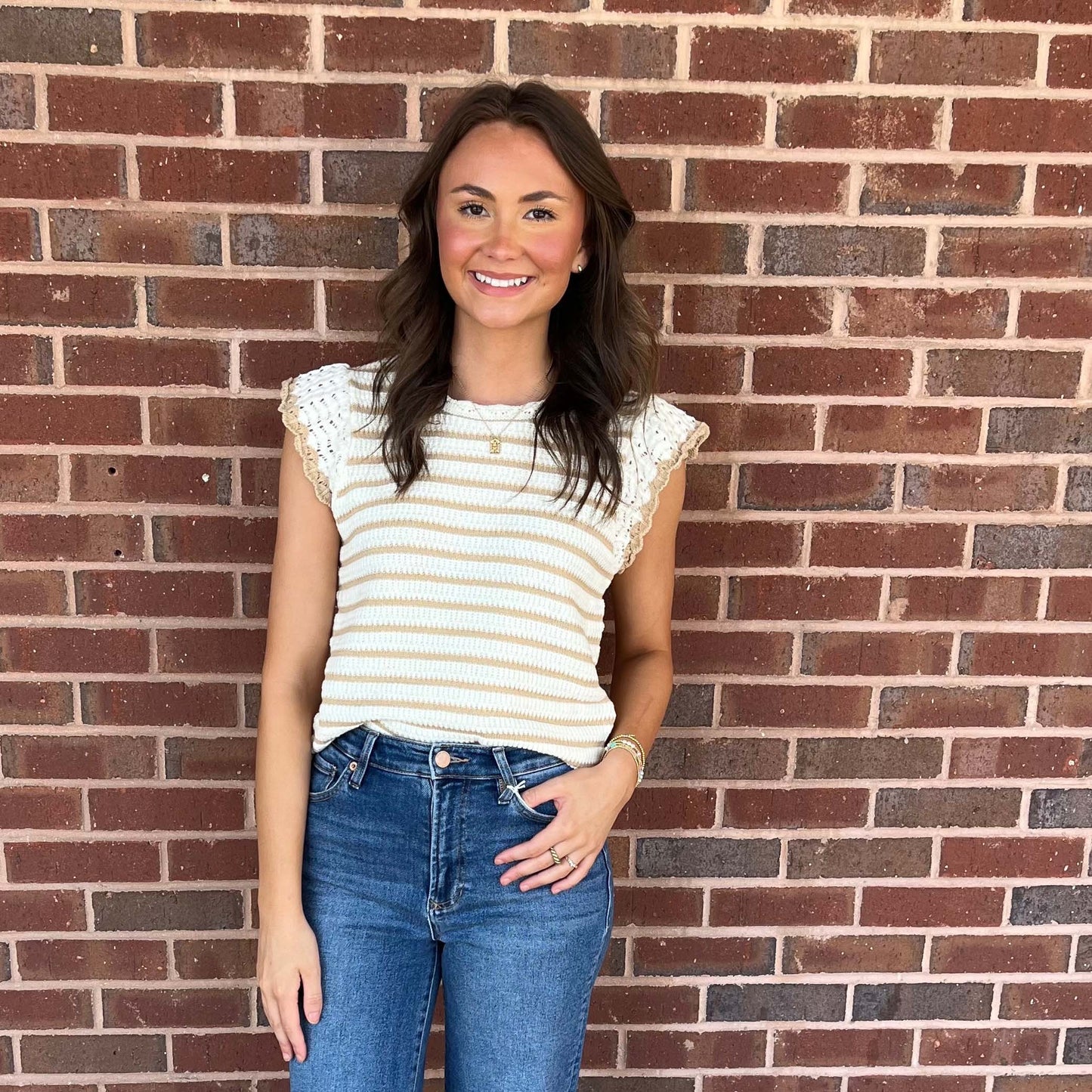 Striped Crochet Knit Tank – Cream & Tan Ruffle Sleeve Sweater Top 037
