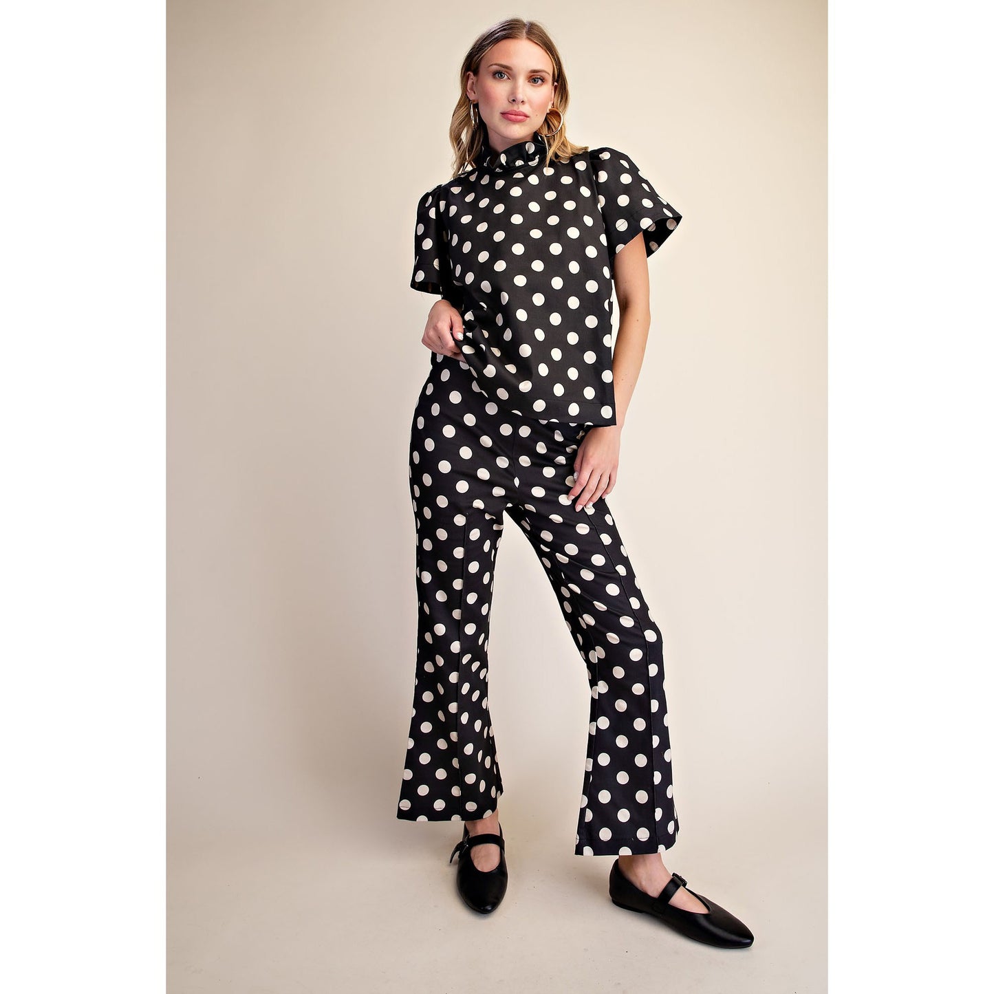 Polka Dot Ruffle Top & Cropped Flare Pants Set 8393/8304– Black