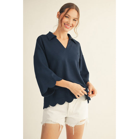 JL - ¾ Sleeve, Scallop Edge Top 4737 - Navy