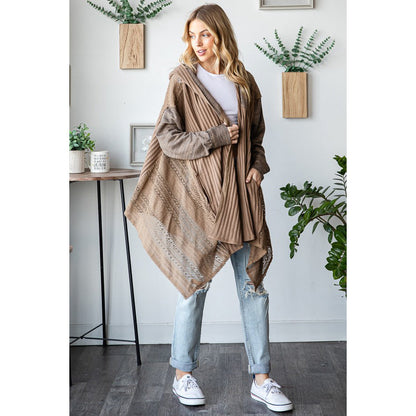 O&H - Mineral Washed, Lace Detail, Cardigan w Hood 0446 - Coffee