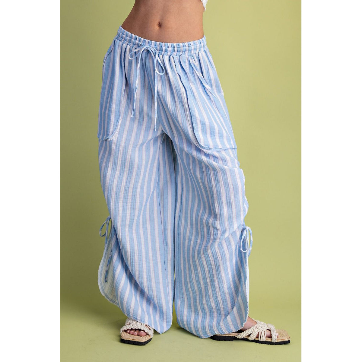 Easel - Striped, Wide Leg, Gauze Pants w Drawstring 0013 - Peri Blue