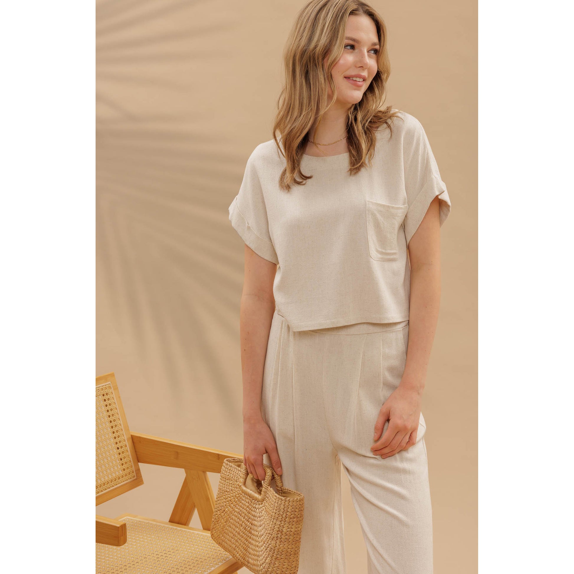 BP - Linen, Short Sleeve, Box Top & Pleated Pants Set 1009 - Oatmeal