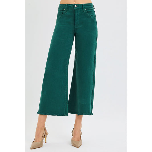 Risen - Tummy Control, High Rise, Crop Wide Jeans 5506 - Hunter Green - SALE