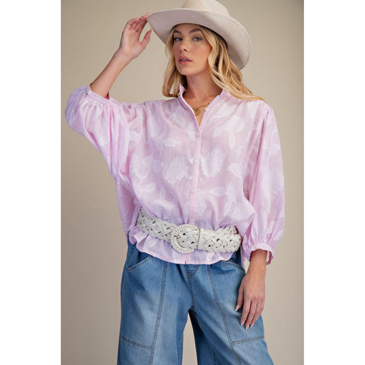 Easel - Striped, Floral Textured, ¾ Bubble Sleeve Top 1919 - Pink