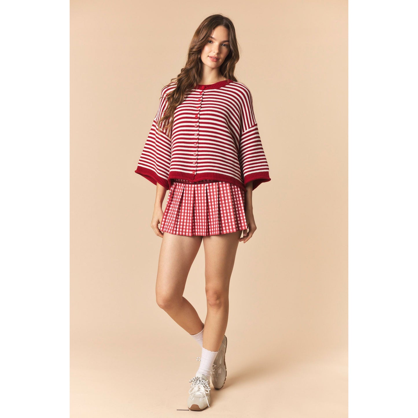 Striped Half Sleeve Oversize Cardigan - Crimson / Off White