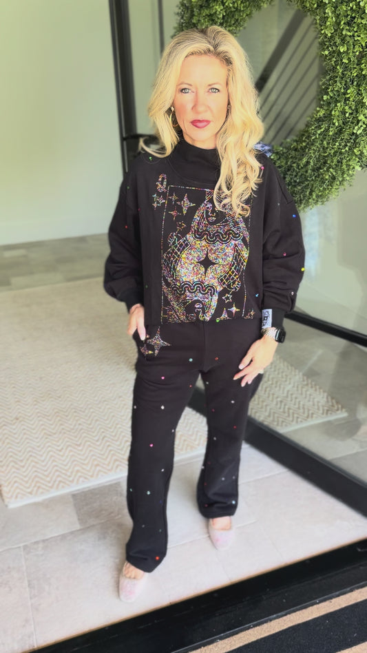 Queen of Sparkles - Rainbow Jeweled Sweatpants - Black