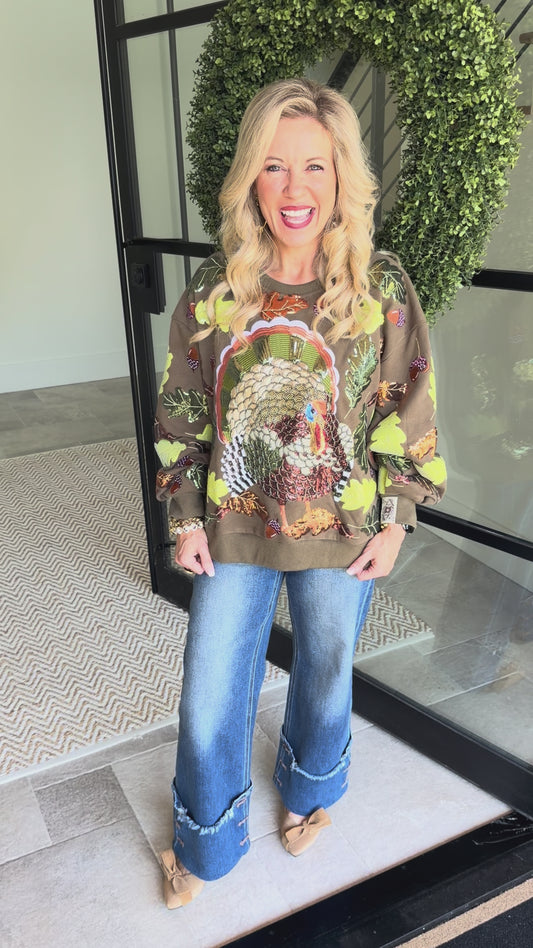 Queen of Sparkles - Sequin Turkey & Fall Leaves Sweatshirt – Olive Green